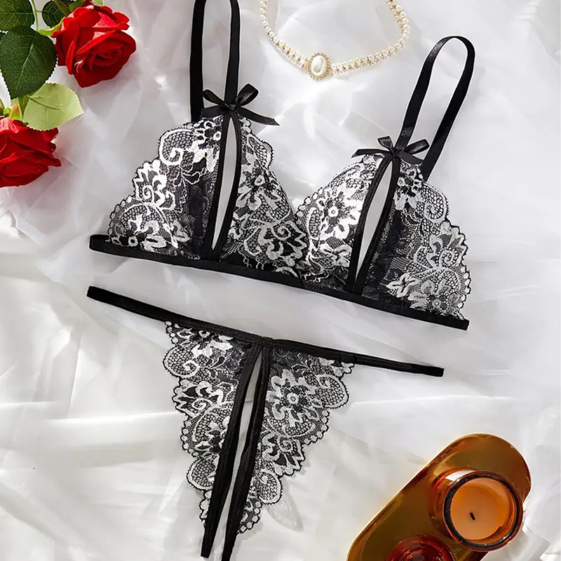 Hitam Panas Crotchless Wanita  - Lace Bralette Set ulasan dan harga